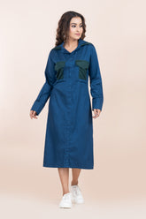 BLUE LONG DRESS WITH GREEN POCKET